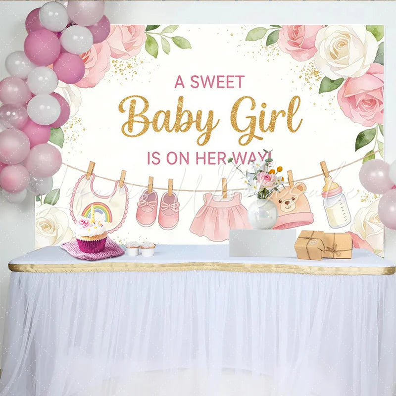 Lofaris Pink Floral Baby Girl Baby Shower Backdrop with Gold Glitter Sweet Party Decor for Photoshoot and Celebration.