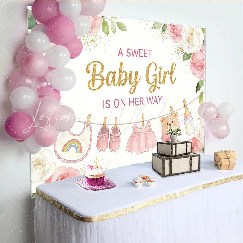 Lofaris Pink Floral Baby Girl Baby Shower Backdrop with Gold Glitter Sweet Party Decor for Photoshoot and Celebration.