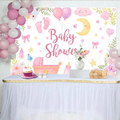 Lofaris Pink Floral Baby Shower Backdrop with Baby Carriage Balloons and Moon Stars Decor for Girl Photoshoot Party