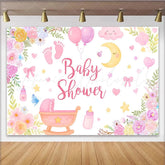 Lofaris Pink Floral Baby Shower Backdrop with Baby Carriage Balloons and Moon Stars Decor for Girl Photoshoot Party