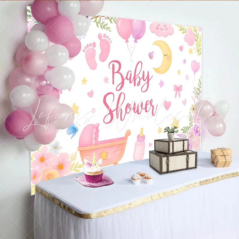Lofaris Pink Floral Baby Shower Backdrop with Baby Carriage Balloons and Moon Stars Decor for Girl Photoshoot Party