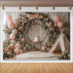 Lofaris Pink Floral Baby Shower Backdrop with Golden Arch and Balloons Charming Photography Background for Baby Girl Party Decor