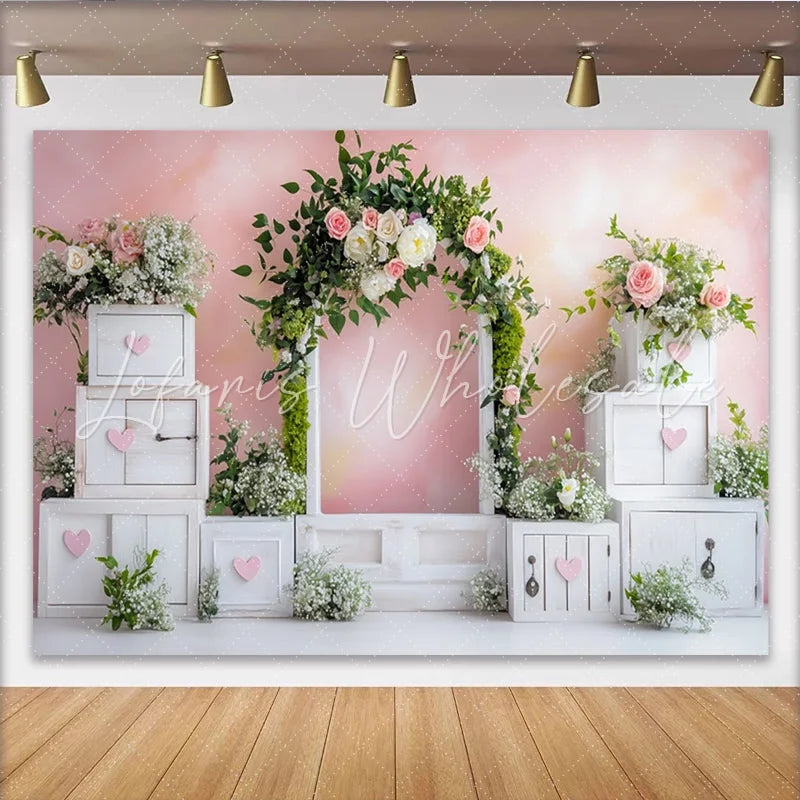 Lofaris Pink Floral Baby Shower Backdrop with White Arch and Hearts Elegant Photography Background for Girl Party Decoration