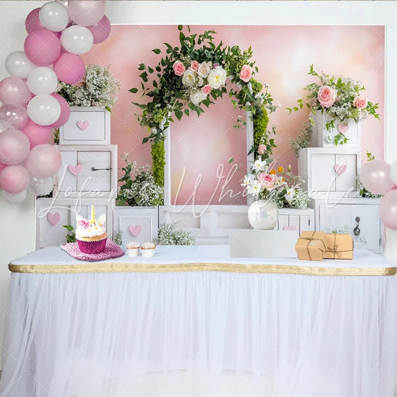 Lofaris Pink Floral Baby Shower Backdrop with White Arch and Hearts Elegant Photography Background for Girl Party Decoration
