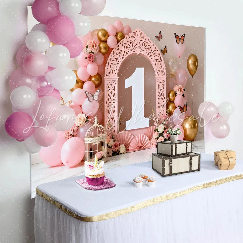 Lofaris Pink Floral Balloon Arch First Birthday Backdrop White Number One Butterfly Photography Background for Girl