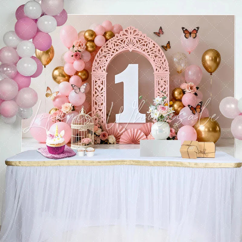 Lofaris Pink Floral Balloon Arch First Birthday Backdrop White Number One Butterfly Photography Background for Girl