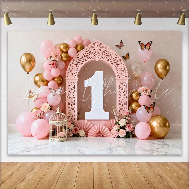 Lofaris Pink Floral Balloon Arch First Birthday Backdrop White Number One Butterfly Photography Background for Girl