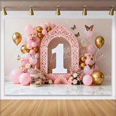 Lofaris Pink Floral Balloon Arch First Birthday Backdrop White Number One Butterfly Photography Background for Girl