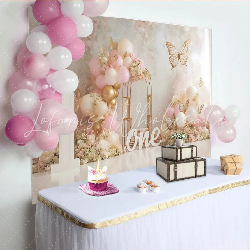 Lofaris Pink Floral Balloon First Birthday Cake Smash Backdrop Gold Butterfly Wooden ONE Girl Party Background