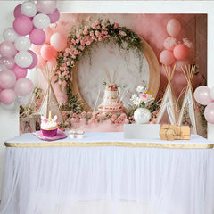 Lofaris Pink Floral Birthday Backdrop with Balloons and Teepees Elegant Party Decor for Cake Smash Photoshoot