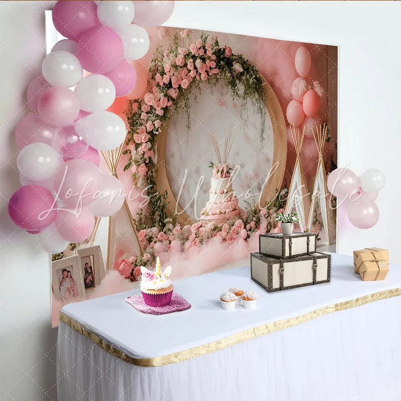 Lofaris Pink Floral Birthday Backdrop with Balloons and Teepees Elegant Party Decor for Cake Smash Photoshoot