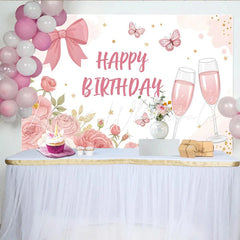 Lofaris Pink Floral Birthday Backdrop with Elegant Bow and Butterflies Champagne Celebration Background for Party Decor