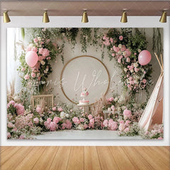 Lofaris Pink Floral Birthday Backdrop with Golden Arch and Balloons Elegant Photo Background for Cake Smash Party Decor