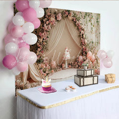Lofaris Pink Floral Birthday Backdrop with Teepee and Balloons Elegant Cake Smash Photography Background for Girls Party