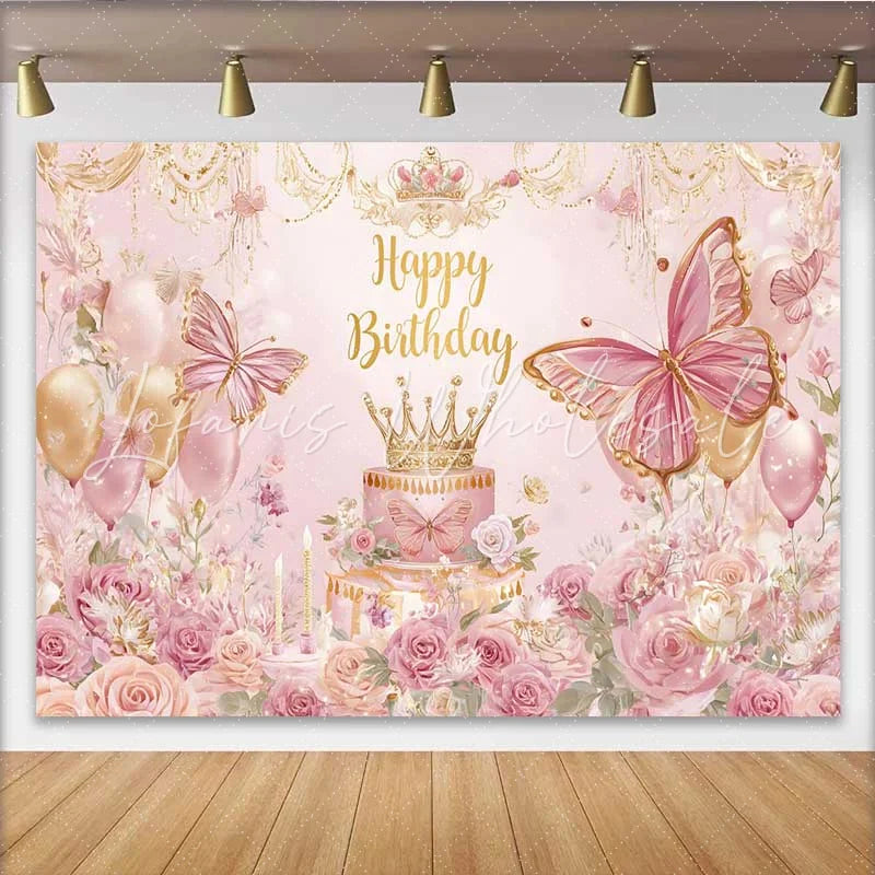 Lofaris Pink Floral Butterfly Birthday Backdrop Princess Crown Cake Table Banner Girl Bday Party Decoration