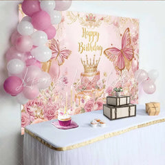 Lofaris Pink Floral Butterfly Birthday Backdrop Princess Crown Cake Table Banner Girl Bday Party Decoration