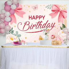 Lofaris Pink Floral Butterfly Birthday Backdrop with Elegant Bows and Stars Beautiful Party Background for Girls Photoshoot