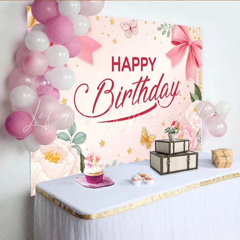 Lofaris Pink Floral Butterfly Birthday Backdrop with Elegant Bows and Stars Beautiful Party Background for Girls Photoshoot
