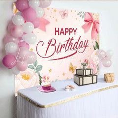 Lofaris Pink Floral Butterfly Birthday Backdrop with Elegant Bows and Stars Beautiful Party Background for Girls Photoshoot