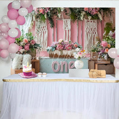Lofaris Pink Floral First Birthday Backdrop with Macrame and Wooden Crates Boho Style Photography Background for Cake Smash