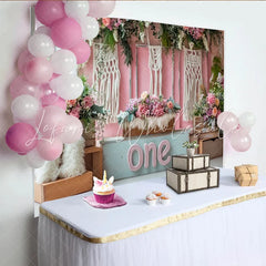 Lofaris Pink Floral First Birthday Backdrop with Macrame and Wooden Crates Boho Style Photography Background for Cake Smash