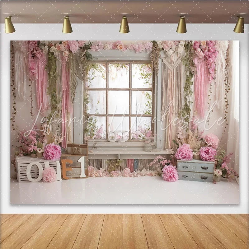 Lofaris Pink Floral First Birthday Backdrop with Rustic Window and ONE Letters Beautiful Photography Background for Baby Girl Cake Smash