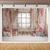 Lofaris Pink Floral First Birthday Backdrop with Rustic Window and ONE Letters Beautiful Photography Background for Baby Girl Cake Smash