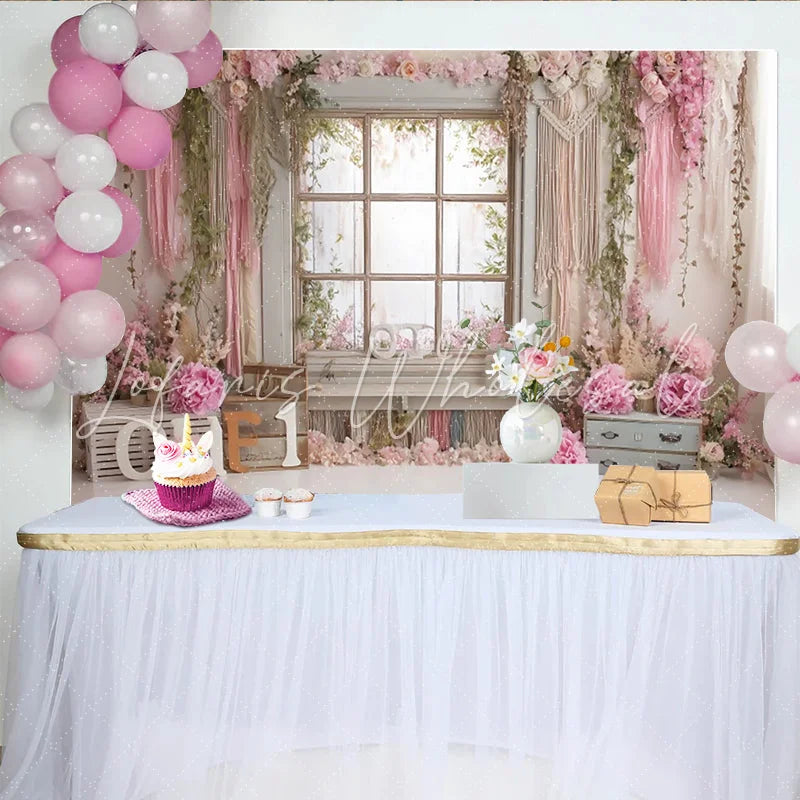 Lofaris Pink Floral First Birthday Backdrop with Rustic Window and ONE Letters Beautiful Photography Background for Baby Girl Cake Smash