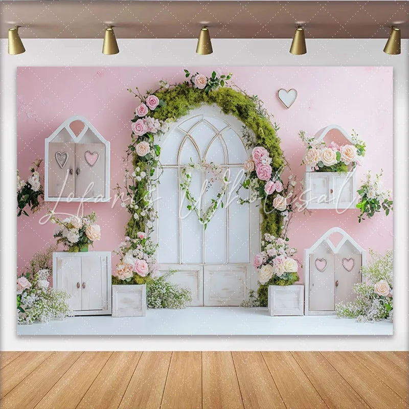 Lofaris Pink Floral Garden Arch Photography Backdrop with Green Moss and Roses Romantic Studio Background for Portrait Photoshoot