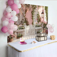 Lofaris Pink Floral Garden Photography Backdrop with White Picket Fence and Wooden Floor Romantic Spring Photo Background for Studio