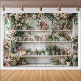 Lofaris Pink Floral Garden Photography Backdrop with White Shelves and Butterflies Rustic Wood Background for Studio Photoshoot