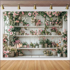 Lofaris Pink Floral Garden Photography Backdrop with White Shelves and Butterflies Rustic Wood Background for Studio Photoshoot