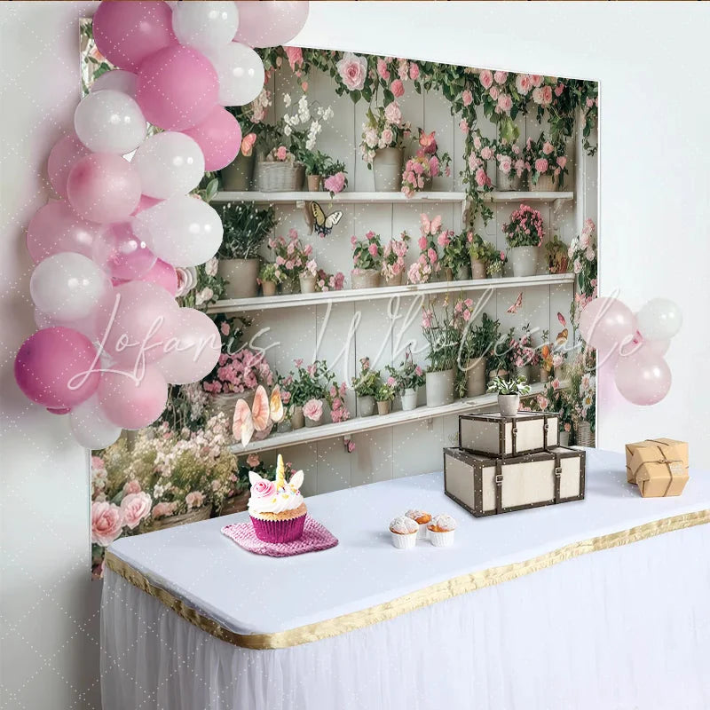 Lofaris Pink Floral Garden Photography Backdrop with White Shelves and Butterflies Rustic Wood Background for Studio Photoshoot