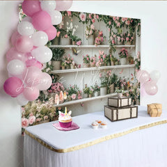 Lofaris Pink Floral Garden Photography Backdrop with White Shelves and Butterflies Rustic Wood Background for Studio Photoshoot