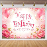 Lofaris Pink Floral Glitter Happy Birthday Backdrop with Balloons and Roses Beautiful Party Decoration Background for Girls Photoshoot
