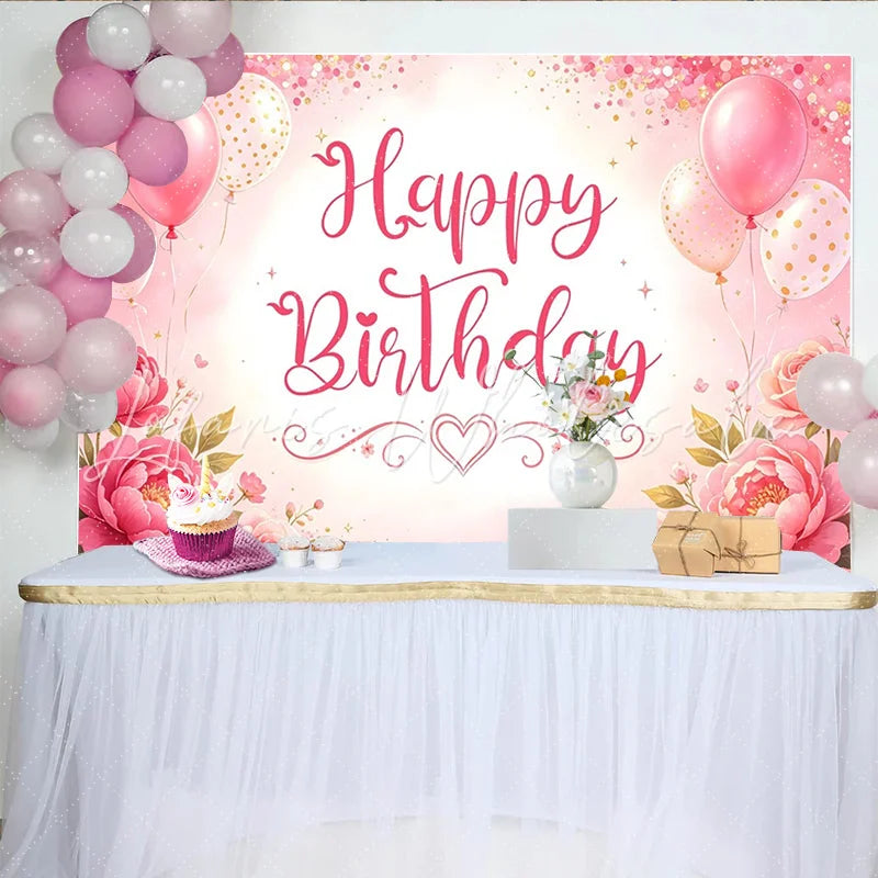 Lofaris Pink Floral Glitter Happy Birthday Backdrop with Balloons and Roses Beautiful Party Decoration Background for Girls Photoshoot