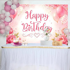 Lofaris Pink Floral Glitter Happy Birthday Backdrop with Balloons and Roses Beautiful Party Decoration Background for Girls Photoshoot
