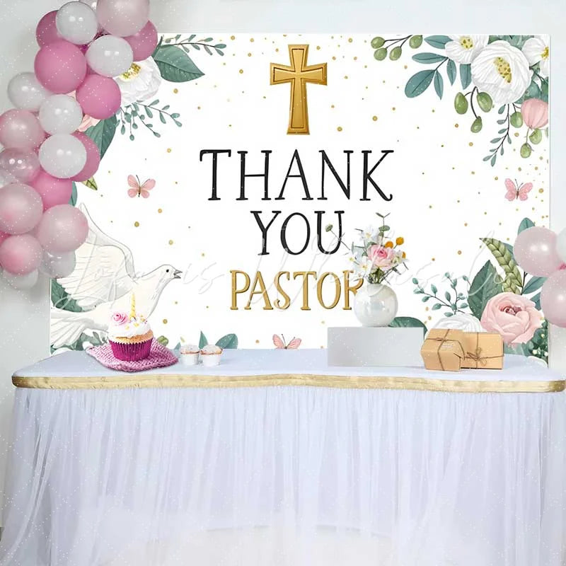 Lofaris Pink Floral Gold Cross Thank You Pastor Backdrop Dove Church Appreciation Event Decor Photography Background