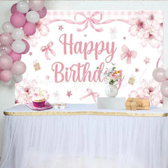 Lofaris Pink Floral Happy Birthday Backdrop Watercolor Bow Gingham Check Background Girl Princess Sweet Party Cake Table Prop