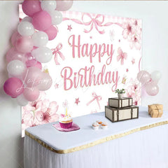 Lofaris Pink Floral Happy Birthday Backdrop Watercolor Bow Gingham Check Background Girl Princess Sweet Party Cake Table Prop