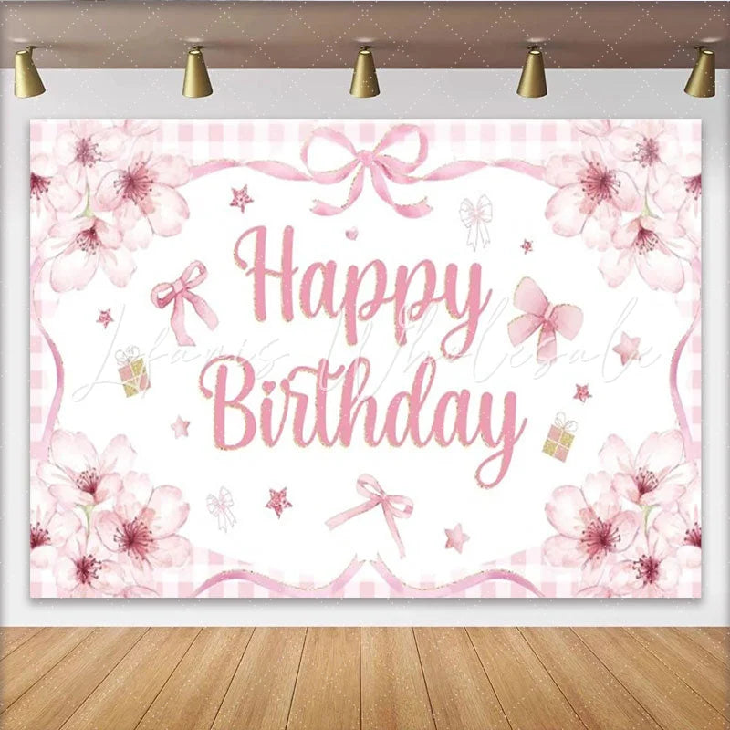 Lofaris Pink Floral Happy Birthday Backdrop Watercolor Bow Gingham Check Background Girl Princess Sweet Party Cake Table Prop