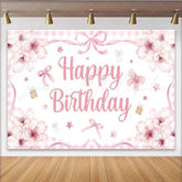 Lofaris Pink Floral Happy Birthday Backdrop Watercolor Bow Gingham Check Background Girl Princess Sweet Party Cake Table Prop