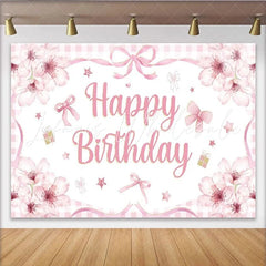 Lofaris Pink Floral Happy Birthday Backdrop Watercolor Bow Gingham Check Background Girl Princess Sweet Party Cake Table Prop