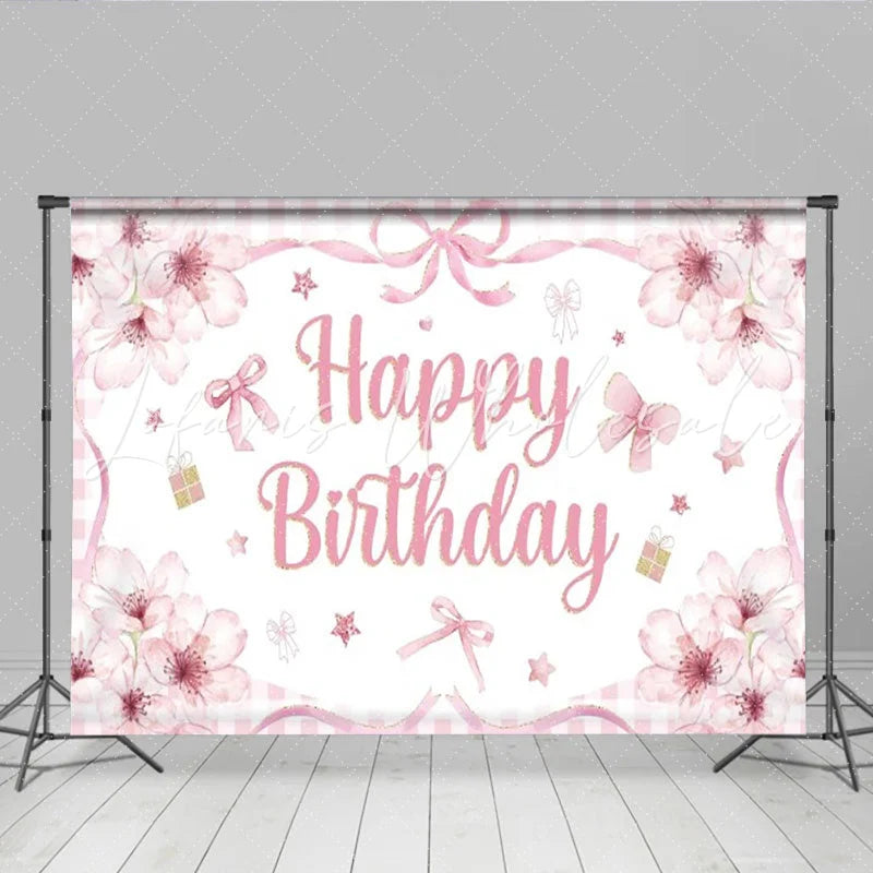 Lofaris Pink Floral Happy Birthday Backdrop Watercolor Bow Gingham Check Background Girl Princess Sweet Party Cake Table Prop