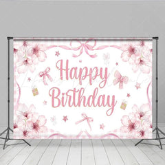 Lofaris Pink Floral Happy Birthday Backdrop Watercolor Bow Gingham Check Background Girl Princess Sweet Party Cake Table Prop