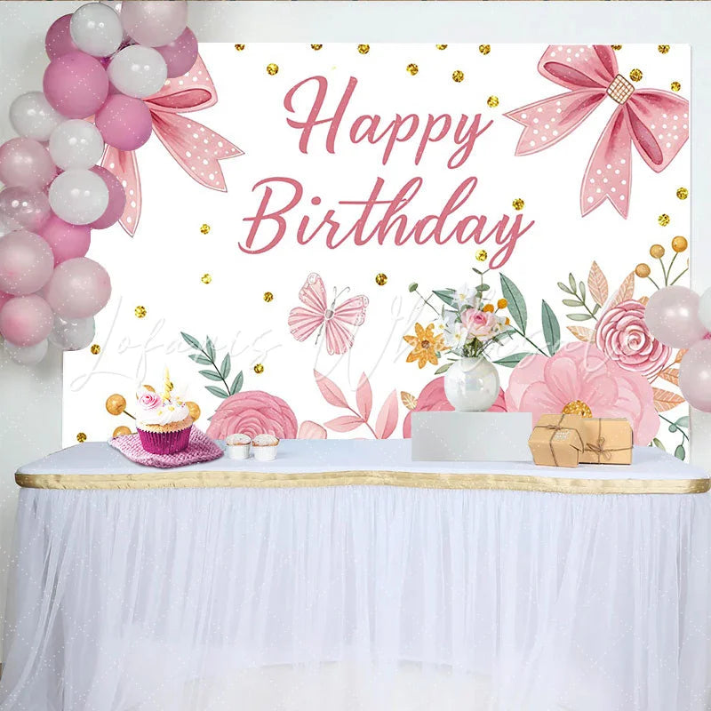 Lofaris Pink Floral Happy Birthday Backdrop with Bows and Glitter for Girls Beautiful Flower Photo Background for Party Decor