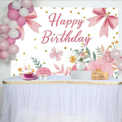 Lofaris Pink Floral Happy Birthday Backdrop with Bows and Glitter for Girls Beautiful Flower Photo Background for Party Decor