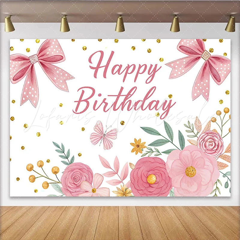 Lofaris Pink Floral Happy Birthday Backdrop with Bows and Glitter for Girls Beautiful Flower Photo Background for Party Decor
