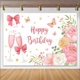Lofaris Pink Floral Happy Birthday Backdrop with Butterflies and Champagne Glasses Elegant Party Decoration for Photoshoot