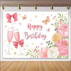 Lofaris Pink Floral Happy Birthday Backdrop with Butterflies and Champagne Glasses Elegant Party Decoration for Photoshoot